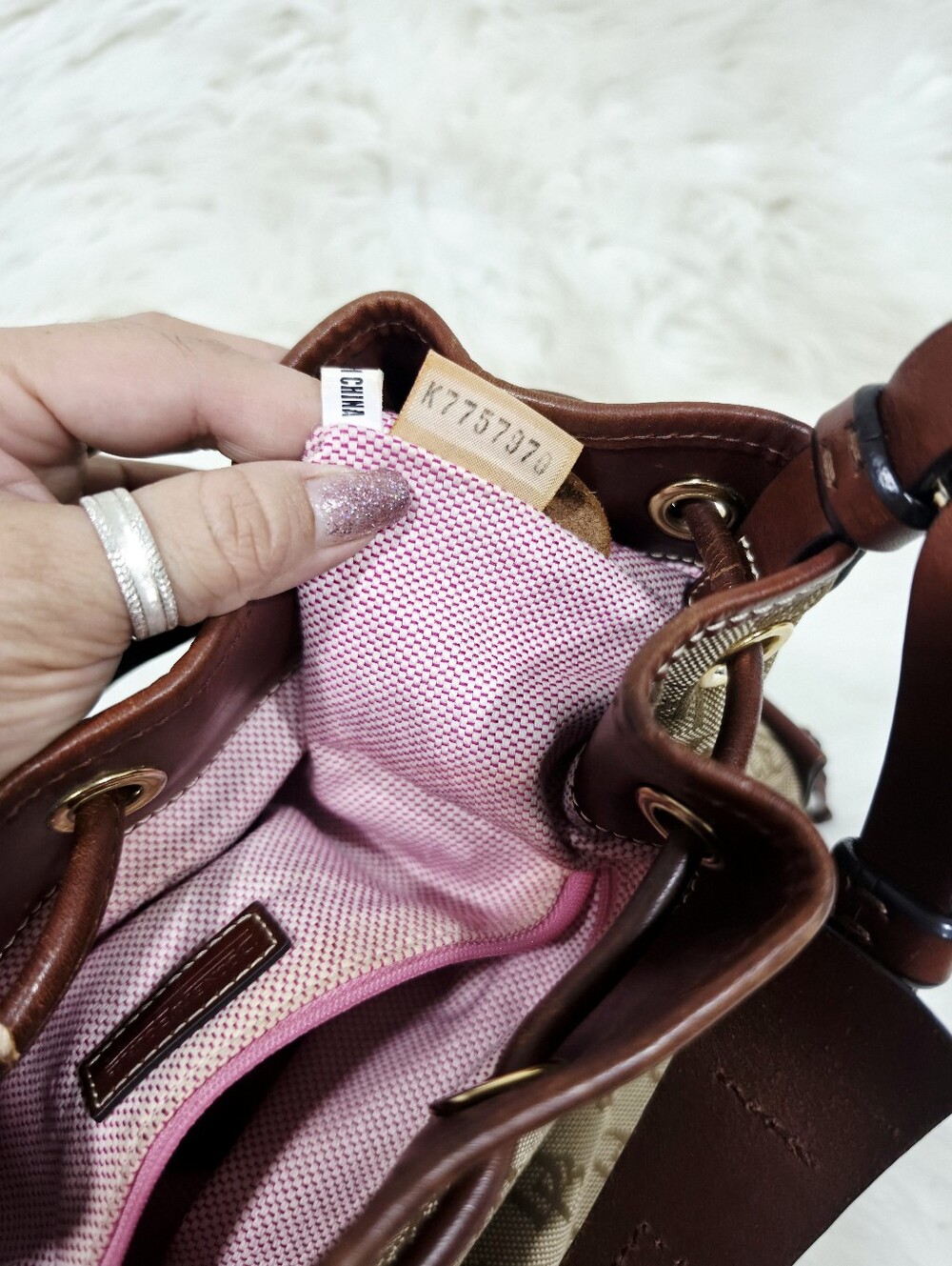 Dooney & Bourke DB Monogram Drawstring Bucket Bag Tan Brown Leather - Picture 15 of 17